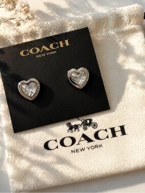 Coach Heart Crystal Stud Earrings Silver Tone Logo Romantic Gift